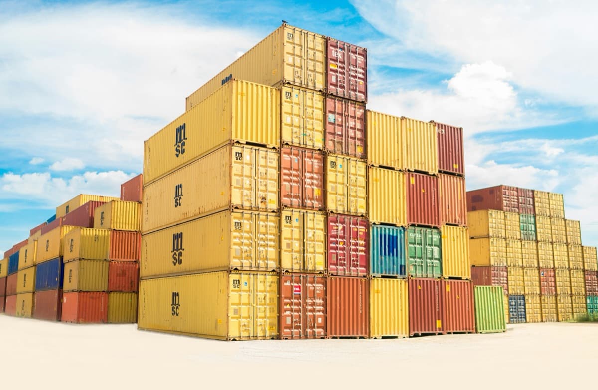 Stacked shipping containers ready for sale and rental