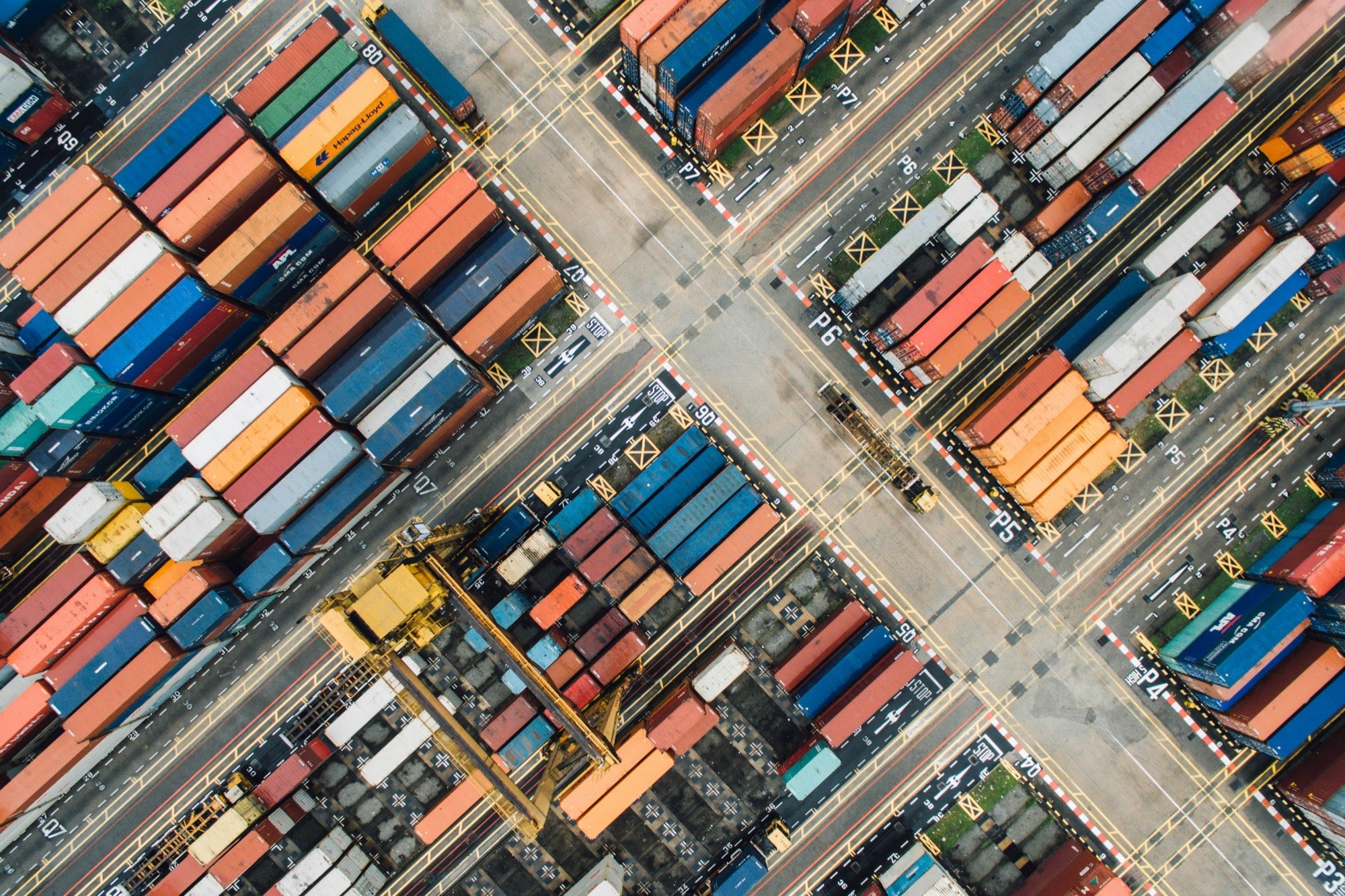 Aerial view of a shipping container yard